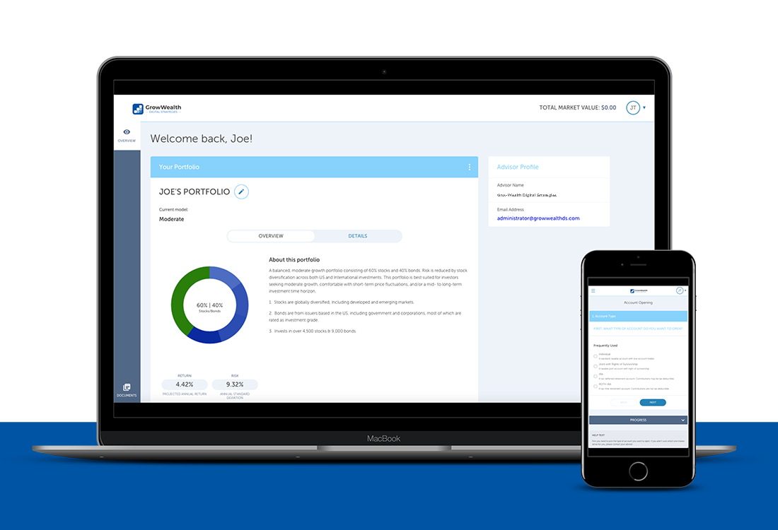 Image of laptop and mobile phone displaying the account opening process within the portal.